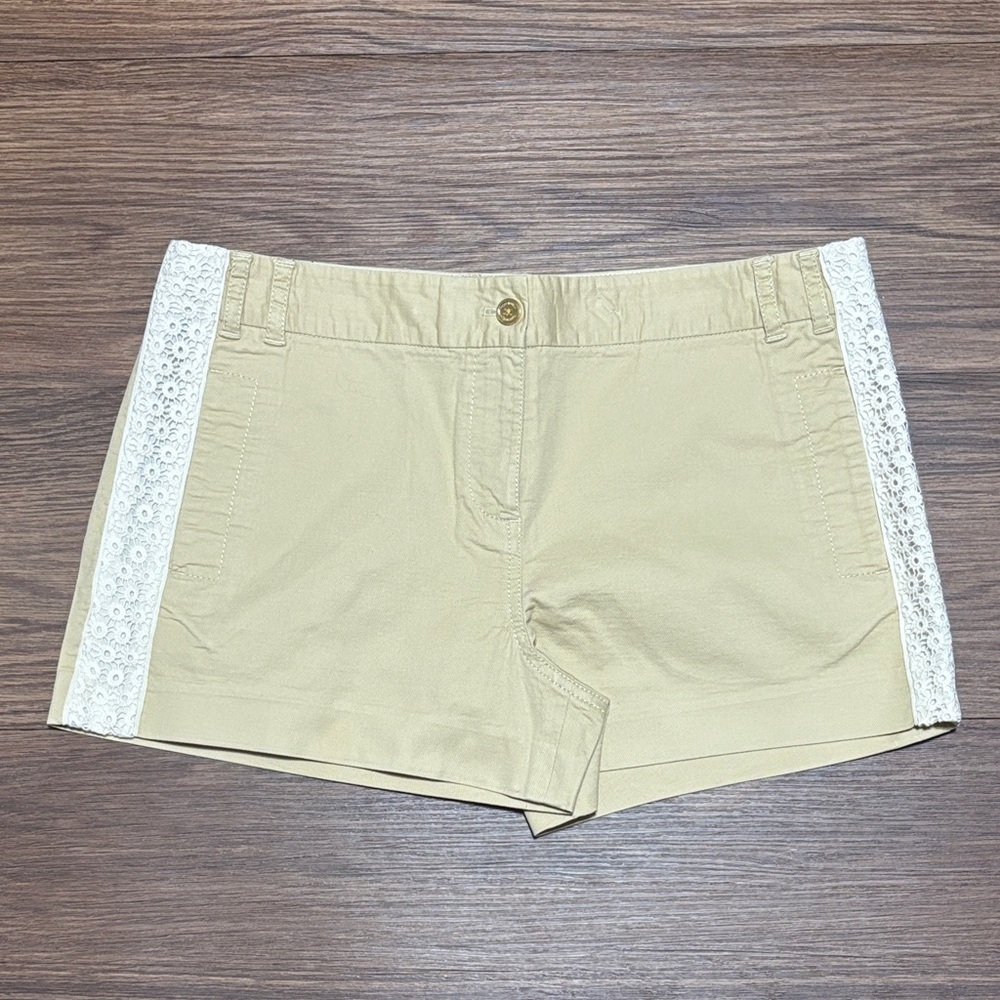 Tory Burch Tan Shorts White Lace Side Panels High Waist Size 8 Summer Chic